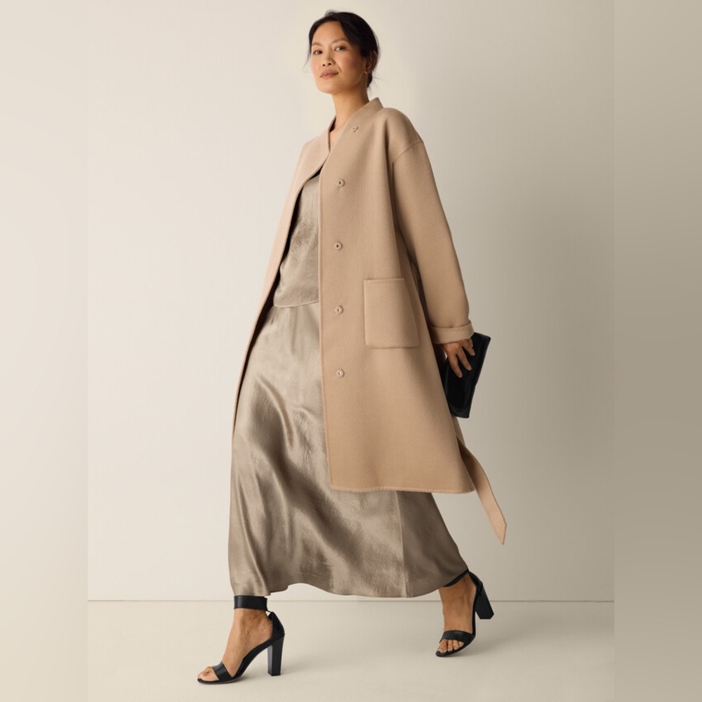 NWT Eileen Fisher Lustrous Wool High Collar Coat in Biscuit
